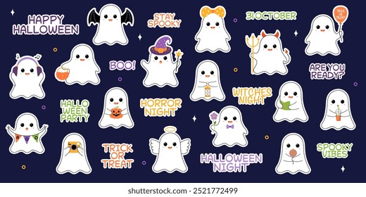 Happy Halloween sticker set with ghosts with different objects. Trendy flat style and funny Halloween characters. Collection of cute colorful cartoon vector isolated stickers.