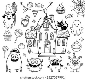 Happy Halloween Aufkleber Set mit Spukhaus, Geister, süße Monster, schwarze Katze, Süßigkeiten, Partyfahnen, Süßigkeiten und Dekorelemente. ClipArt-Kollektion. Schwarze und weiße Linien im Cartoon-Doodle-Stil