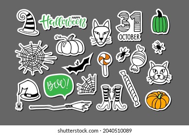 Happy Halloween sticker set. Isolated sticker pack on grey. Lettering, spider web, witch cat, bat, hat, spider, pumpkin, candy. Halloween elements for party decor, invitation, card, stickers, patches.