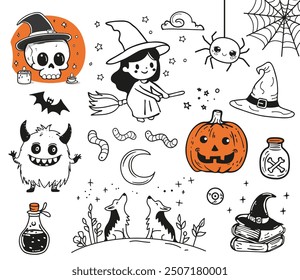 Happy Halloween sticker set with pumpkin, spider, witch, monster, poison, bat and decoration elements. Mystical magic collection clip art. Doodle cartoon style