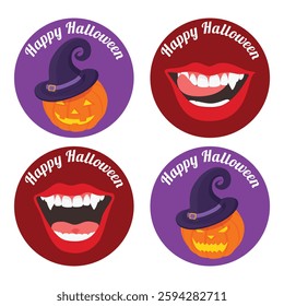 Happy Halloween sticker set : pumpkin character in witch's hat and vampire mouth with fangs isolated on white background. Design element. Vector icon