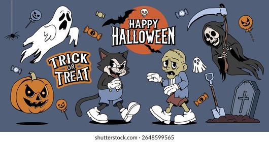 Feliz Dia das Bruxas Adesivo Set. Caracteres retrô assustadores e decorações assustadoras. Zumbis, Fantasma, Abóbora e Ceifador Assustador. Coleção de ilustrações de vetor plana isolada no plano de fundo