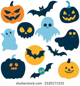 Happy Halloween sticker set vector. Cute collection of creepy ghosts, pumpkin, bat, skull. Magical Halloween festival elements for decoration, prints.