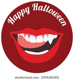 Happy Halloween sticker vampire mouth with fangs isolated on white background. Open female red lips with vampire teeth design element. Vector icon