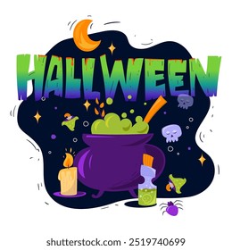 Pegatina de feliz Halloween. Ilustración vectorial con texto espeluznante, un caldero burbujeante, calavera, vela y poción