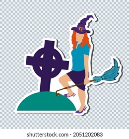 Happy Halloween sticker. Young girl witch with broomstick on transparent background. Holiday banner, poster, invitation greeting card, sale placard, flyer element.  Vector illustration