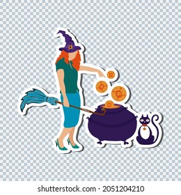 Happy Halloween sticker. Young girl witch with broomstick, pot potion,cat on transparent background. Holiday banner, poster, invitation greeting card, sale placard, flyer element.  Vector illustration