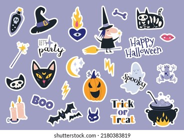 Happy Halloween stickerpack with pumpkins, bat, decoration elements. Bohemian mystical magic collection clip art. Sticker Style. Trendy modern vector illustration, hand drawn, flat design. 