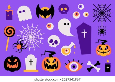 Feliz coleção de adesivos de Halloween. Bonito conjunto de mascotes cabeça de abóbora, fantasma, doces, olhos, morcego, aranha, crânios e ossos. Dia das Bruxas: truque ou deleite. Ilustração vetorial em estilo plano minimalista