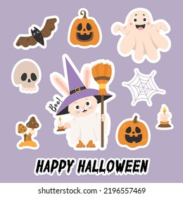 Happy Halloween Stickers. Cute Rabbit Ghost Character In Witch Hat With Broom And Candle, Pumpkin Lantern Jack, Cobweb, Bat, Skull And Fly Agaric Mushrooms. Isolated Vector Elements For Decor, Design