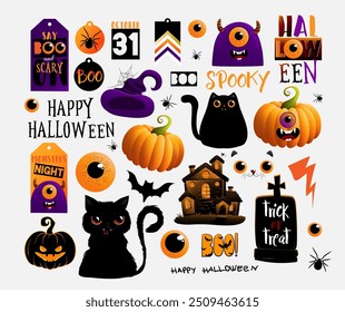 Frohe Halloween Aufkleber. Nettes Set von Maskottchen Kürbiskopf, schwarze Katze, Geist, Augen, Fledermaus, Halloween Süßigkeiten und Bonbons. Fröhliches Halloween, Trick oder Leckerbissen. Vektorgrafik im flachen Stil