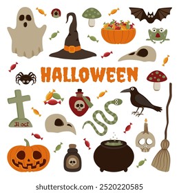 Pegatinas de Feliz Halloween. Lindo conjunto de mascotas cabeza de calabaza, gato negro, esqueleto, fantasma, ojos, murciélago, dulces de Halloween y caramelos. Feliz Halloween, truco o trato. Ilustración vectorial en estilo plano