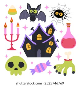 happy halloween stickers, cute set of bat, black house with ghost, spider on web, zombie hand, candlestick and candies, vector illustration in flat style