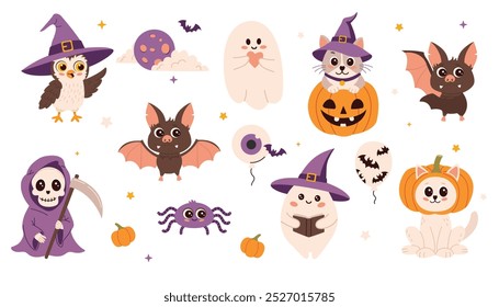 Pegatinas de Feliz Halloween. Lindo conjunto de mascotas cabeza de calabaza, gato negro, esqueleto, fantasma, ojos, murciélago.  Feliz Halloween, truco o trato. Ilustración vectorial en estilo plano