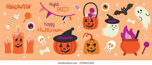 Pegatinas de Feliz Halloween. Lindo conjunto de mascotas cabeza de calabaza, fantasma, ojos, murciélago, dulces de Halloween y caramelos. Feliz Halloween, truco o trato. Ilustración vectorial en estilo plano