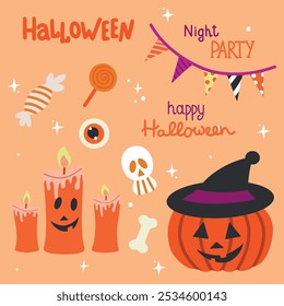 Pegatinas de Feliz Halloween. Lindo conjunto de mascotas cabeza de calabaza, fantasma, ojos, murciélago, dulces de Halloween y caramelos. Feliz Halloween, truco o trato. Ilustración vectorial en estilo plano