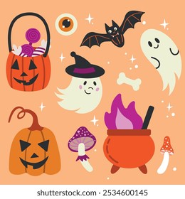 Pegatinas de Feliz Halloween. Lindo conjunto de mascotas cabeza de calabaza, fantasma, ojos, murciélago, dulces de Halloween y caramelos. Feliz Halloween, truco o trato. Ilustración vectorial en estilo plano