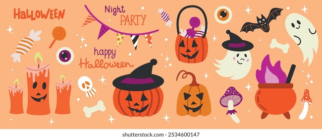 Pegatinas de Feliz Halloween. Lindo conjunto de mascotas cabeza de calabaza, fantasma, ojos, murciélago, dulces de Halloween y caramelos. Feliz Halloween, truco o trato. Ilustración vectorial en estilo plano