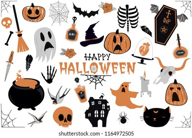 Happy Halloween stickers, icons set. Editable vector illustration