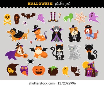 Happy Halloween - stickers set of cats and dogs in monsters costumes, Halloween party. Vector illustration, banner, elements set