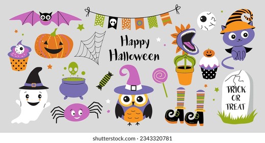 Happy Halloween stickers. Set of Halloween elements: ghost, cat, owl, cakes, funny pumpkin, flower, spider, etc. Perfect for scrapbooking, greeting card, party invitation, poster, tag, sticker.