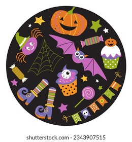 Happy Halloween stickers. Set of Halloween elements: cakes, funny pumpkin, spider, candy,  shoes etc. Perfect for scrapbooking, greeting card, party invitation, poster, tag, sticker.