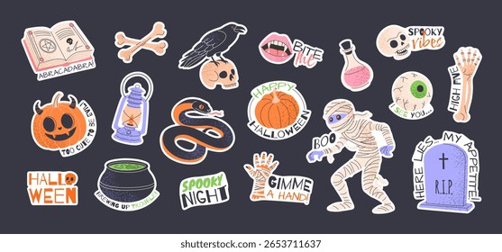 Happy Halloween stickers set. Isolated hand drawn design elements with fun phrases. Spooky clipart bundle. Pumpkin, spellbook, tombstone, scull, cauldron with potion, raven, snake, lantern, mummy.