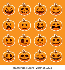 Happy Halloween stickers. Set pumpkins sticker. The main symbol of the Happy Halloween holiday. Orange pumpkin with smile for your design for the holiday Halloween. Vector illustration.