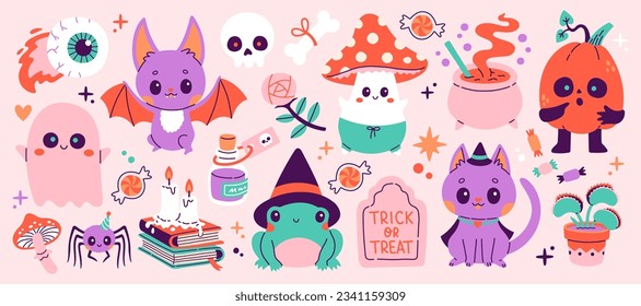 Felices stickers de Halloween. Vector lindo conjunto de mascotas cabeza de calabaza, gato negro, esqueleto, fantasma, ojos, murciélago, rana, araña