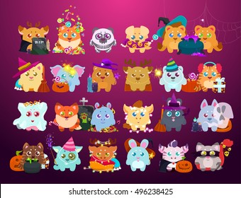 Happy Halloween stickers,flat patches collection: cute cartoon baby animals,gifts, Pumpkin,ghost,candy, witches elements,isolated icon set.Halloween characters,Hand drawn colorful Vector illustration.