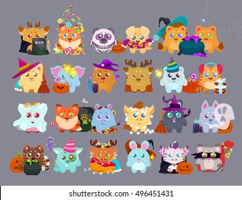 Happy Halloween stickers,flat patches collection: cute cartoon baby animals,gifts, Pumpkin,ghost,candy, witches elements,isolated icon set.Halloween characters,Hand drawn colorful Vector illustration.