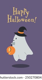Happy Halloween Stories. Cute Ghost with Pumpkin. Fun Spirit with Witch Hat. Vector flat Illustration on violet Background. 