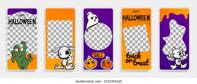 Happy Halloween Stories Template For Phone Photo Zombie Hand. Business Card With Halloween Story. Social Stories Media Pack Vector Lettering. Stories Invitation Template. Orange Lilac Colors.