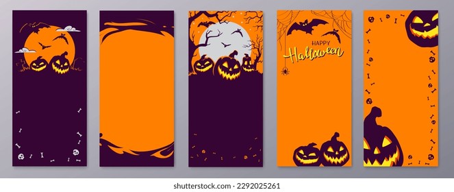 Happy Halloween stories template for phone photo. Business card with halloween story. Social media pack vector lettering. Stories invitation template. Orange lilac colors.