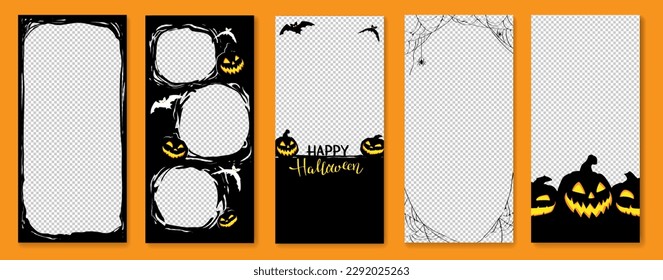 Happy Halloween stories template for phone photo. Business card with halloween story. Social media pack vector. Stories invitation template. Orange black colors.