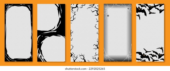 Happy Halloween stories template for phone photo. Business card with halloween story. Social media pack vector. Stories invitation template. Orange black colors.