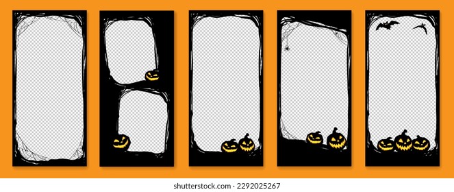 Plantilla de historias felices de Halloween para foto telefónica. Tarjeta de visita con historia de halloween. Vector de paquete de medios sociales. Plantilla de invitación a historias. Colores negros naranjas.