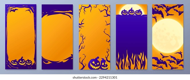 Happy Halloween stories template for phone. Business card with halloween story. Social media pack vector. Stories invitation template. Orange and violet colors.