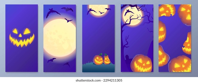 Happy Halloween stories template for phone. Business card with halloween story. Social media pack vector. Stories invitation template. Orange and violet colors.