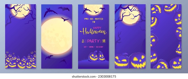 Happy Halloween stories template for phone. Business card with pumpkins, bats and moon story. Social media pack vector. Stories invitation template. Violet and yellow colors.