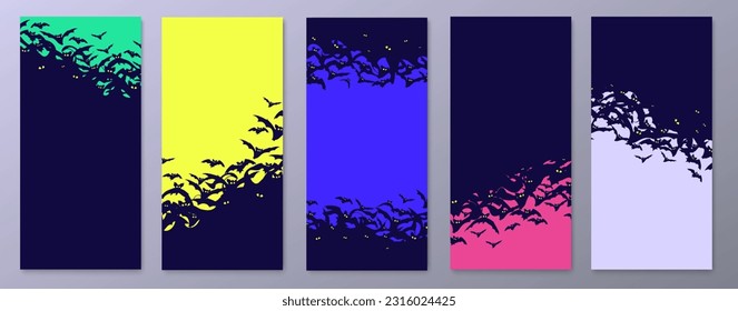 Happy Halloween stories template for phone photo. Dark silhouette a flock of flying bats on orange, blue and pink background. Social media pack vector. Stories template.