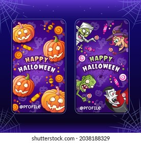 Happy Halloween. Stories templates collection. Cartoon vector illustrations for halloween. Vampire Dracula, witch, mummy and zombie with lollipops. Glowing pumpkins lanterns and candies.