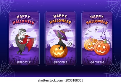 Happy Halloween. Stories templates collection. Cartoon vector illustrations for halloween. Vampire Dracula with lollipop, black witch cat in hat on glowing pumpkin, pumpkins lanterns. Big glowing moon