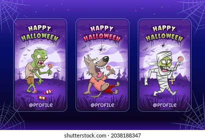 Happy Halloween. Stories templates collection. Cartoon vector illustrations for halloween. Zombie, werewolf and mummy with candies lollipops. Big glowing full moon.