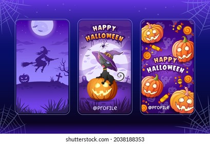 Happy Halloween. Stories templates collection. Cartoon vector illustrations for halloween. Flying witch, balck witch cat in hat sit on glowing pumpkin, pumpkins lanterns. Moon and violet background
