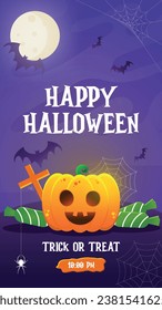 
Happy Halloween stories templates for social media post. Greeting illustrations with cute Orange pumpkin monster, full moon, spider web and flying bat. Stories invitation template.