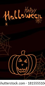 Happy Halloween story template for social networks. Vertical halloween banner for ads. Halloween party greeting, invitation card. Creepy postcard with spiders, pumpkin. Vector illustration