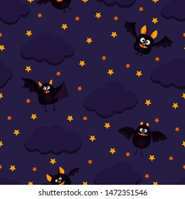 Happy Halloween style vector seamless  pattern with cute black bats flying on dark night sky with stars and clouds. Endless texture. Sample children background for web, covers, banners, decoration.