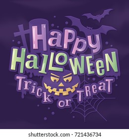Happy halloween stylish lettering with scary pumpkin face, bats, spiderweb and tombstone on background. Vector illustration.