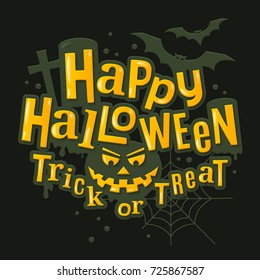 Happy halloween stylish lettering with scary pumpkin face, bats, spiderweb and tombstone on background. Vector illustration.